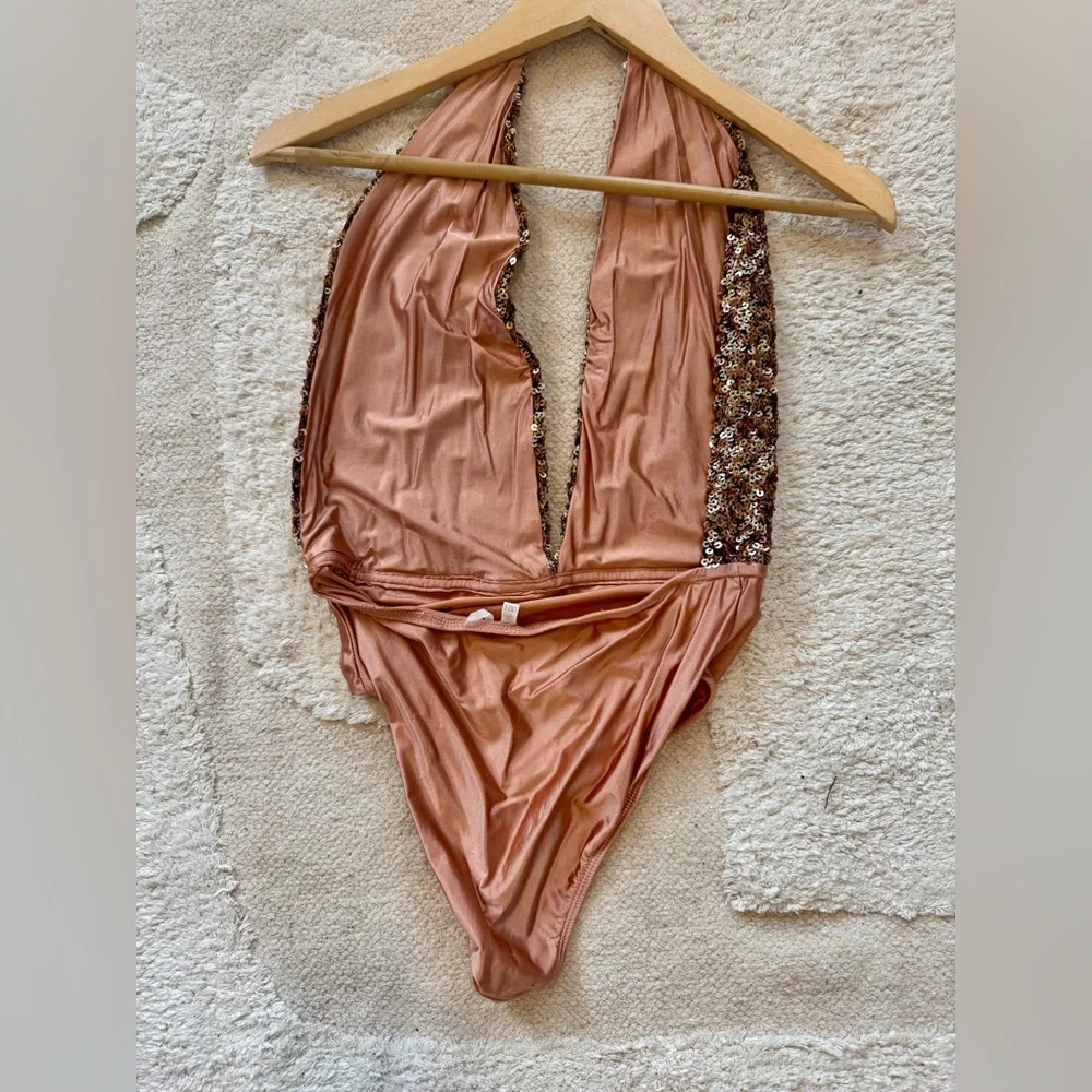 Urban Outfitters Sequin Rose Gold Halter Jumpsuit in Brown and Tan - Size M